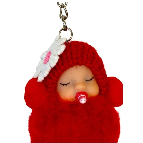 SLEEPY BABY WITH PACIFIER SMALL POMPON IN RED KEYCHAIN CHARM - Picture 3 of 6